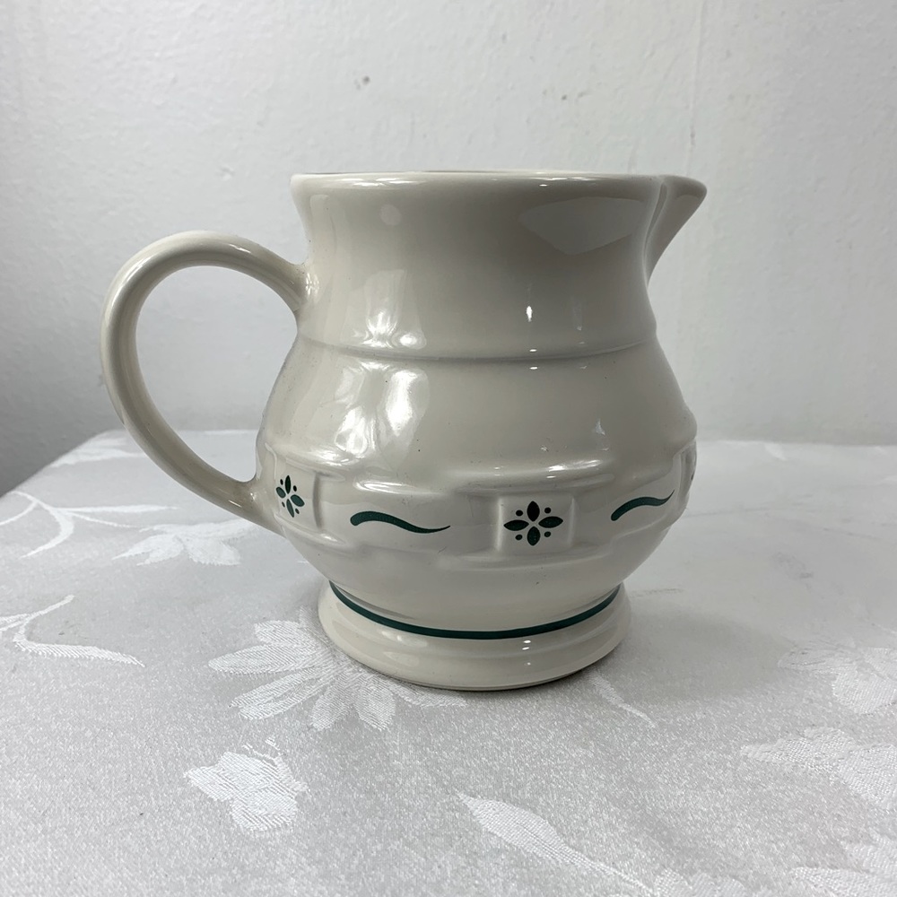 Longaberger Pottery Pitcher White and green 6”Tall